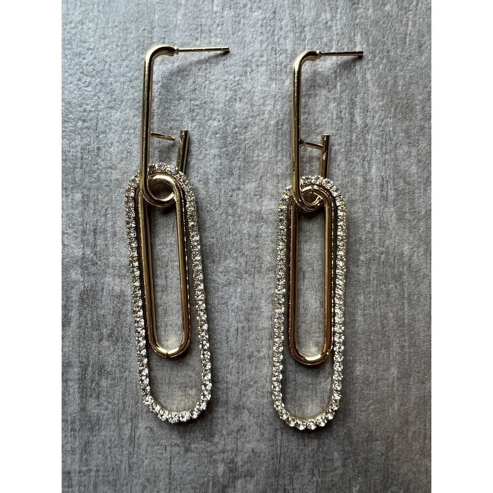 Los Angeles Boutique Dangle Long Rectangle Gold Earrings Rhinestone Crystal NEW - Picture 5 of 8